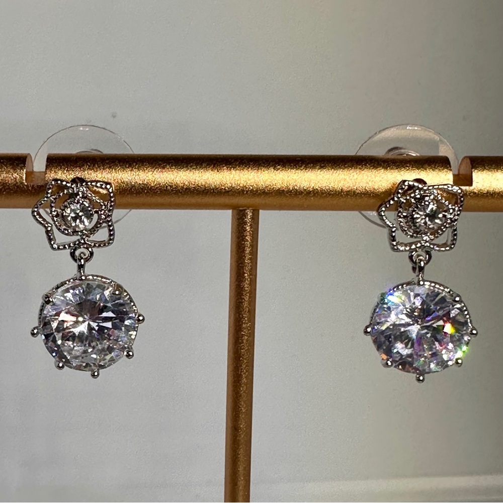 Charlestone Silver CZ Floral Drop Earrings Bridal Formal Statement